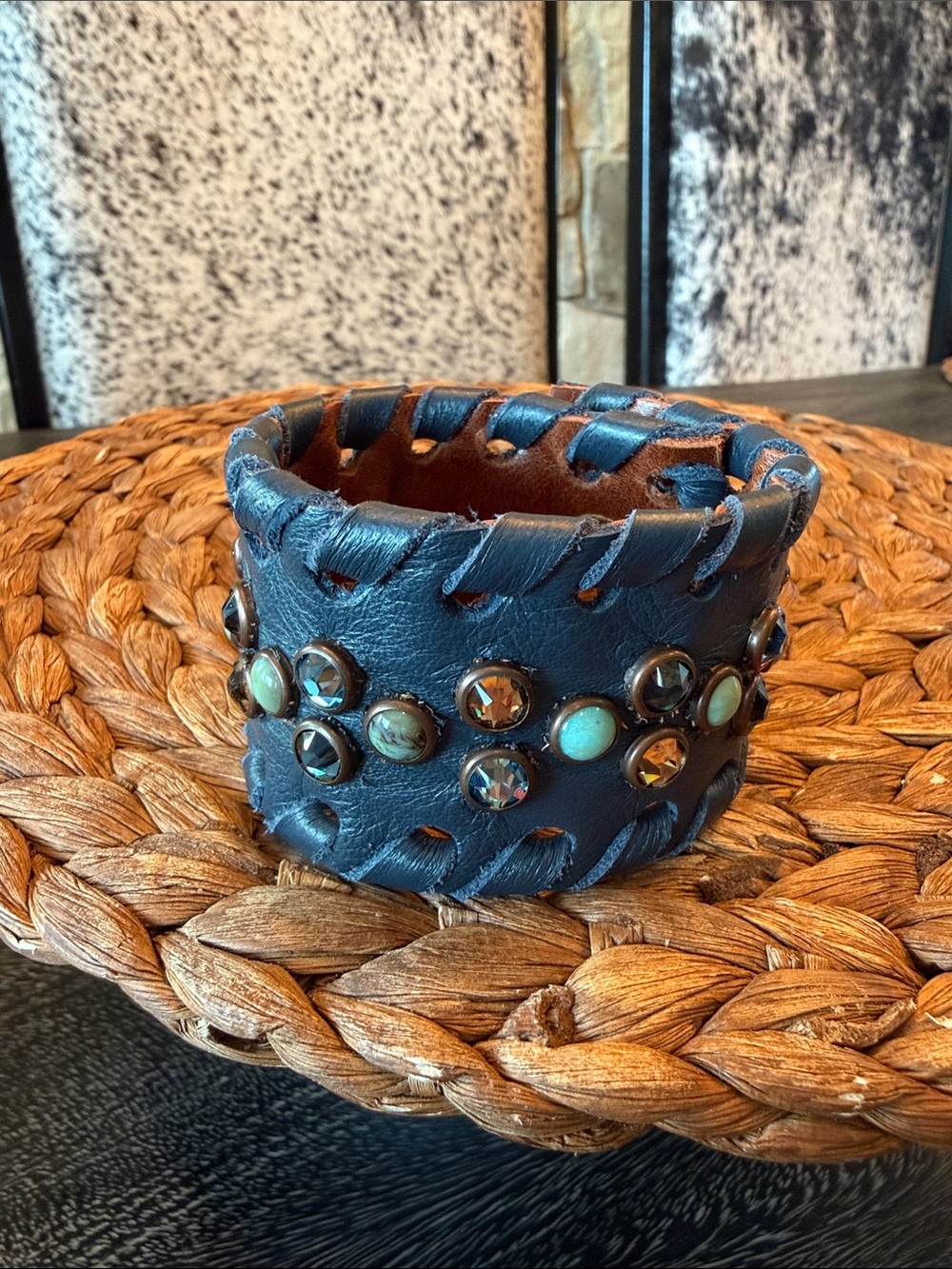 Kurtmen Navy Leather Studded Cuff Bracelet